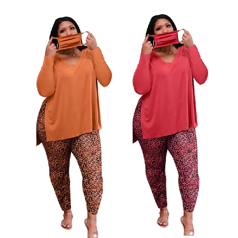 J&H 2023 new design 5XL plus size women fall sets fashion cheetah leggings and v neck tshirt lounge wear clothes