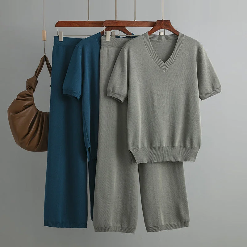 Spring Round Neck Warm Sweaters High Waist Drawstring Pants Knit 2 Piece Sets