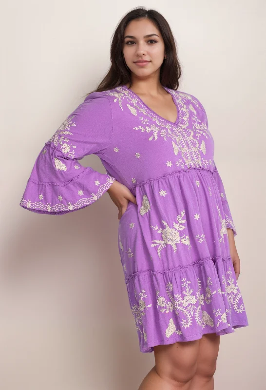 Johnny Was JWLA Purple Arzella Knit Embroidered Easy Tiered Dress Plus Size J35322