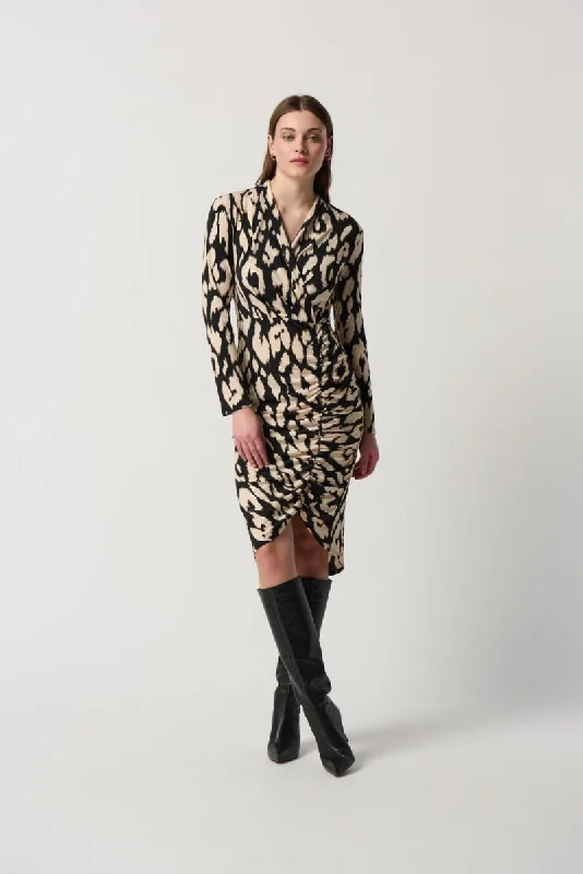 Joseph Ribkoff Black/Beige Animal Print Ruched Hi-Low Sheath Dress 234081