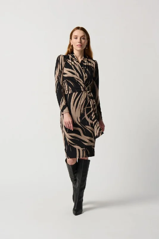 Joseph Ribkoff Black/Latte Abstract Print Faux Wrap Sheath Dress 234123