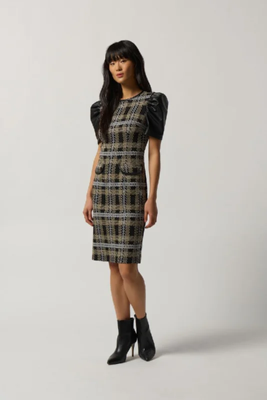 Joseph Ribkoff Black/Multi Plaid Faux Leather Detail Puff Sleeve Sheath Dress 233289