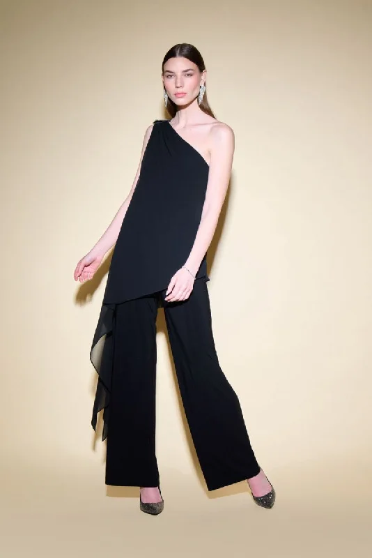 Joseph Ribkoff Black One-Shoulder Chiffon Overlay Wide-Leg Jumpsuit 234707