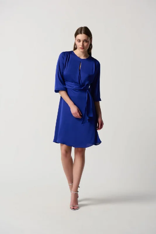 Joseph Ribkoff Royal Sapphire Satin Detail Keyhole Neck A-Line Dress 234127