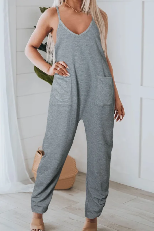 Pocketed V-Neck Spaghetti Strap Jumpsuit - Grey